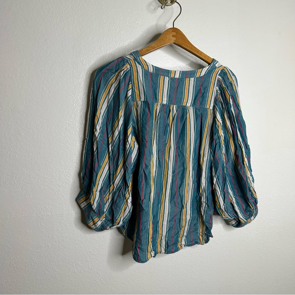 Anthropologie Maeve Teal Striped Oversized Balloon Sleeve Blouse Size Small - Picture 4 of 10